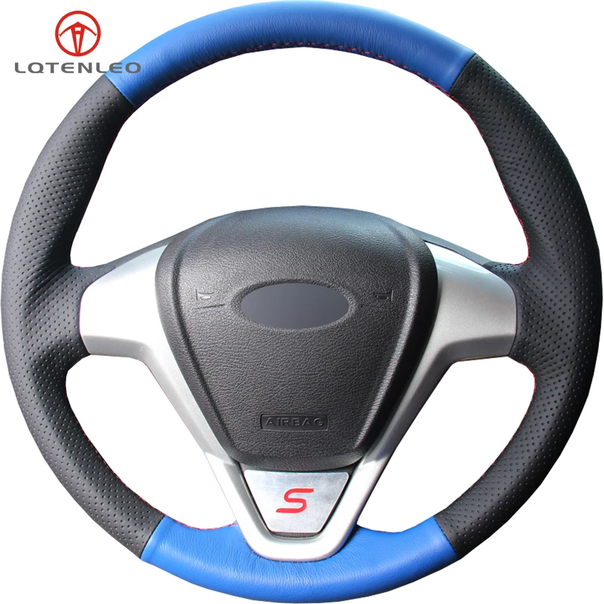 

LQTENLEO Blue Black Leather DIY Car Steering Wheel Cover For Ford Fiesta 2008-2016 Figo 2012-2014 Ecosport 2013-2017 B-Max 2011