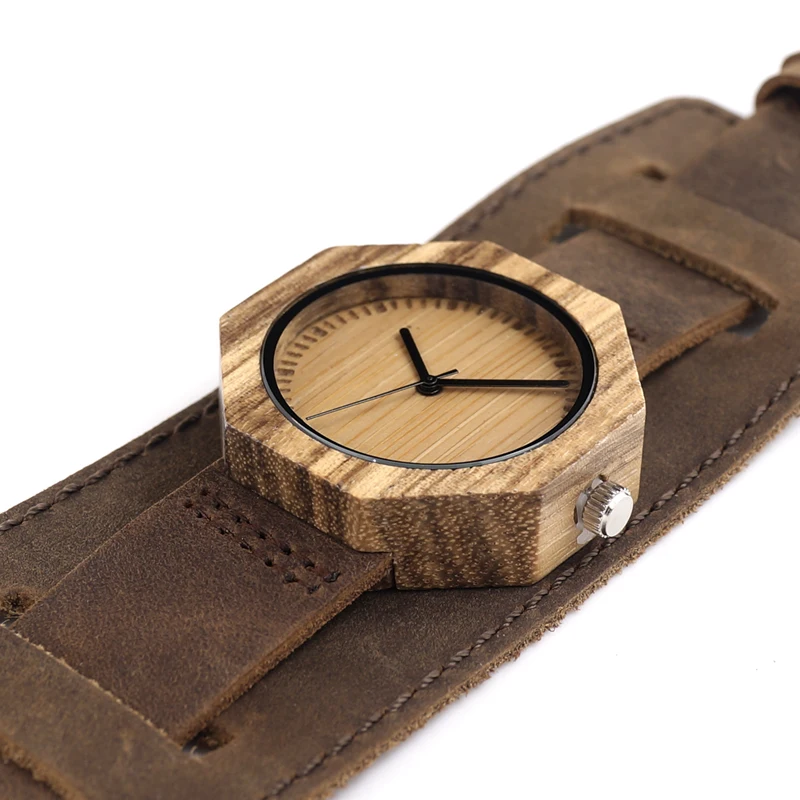 BOBO BIRD Zebra Wooden Quartz Men's Watch Octagon Design Soft Leather Strap Men Women Luxury Bamboo Dial for Unisex
