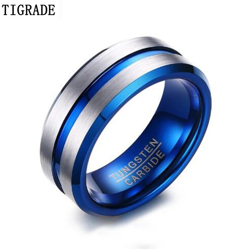 Carboneto de Tungstênio Faixas de Casamento Anel para Homens Fibra de Carbono Tigrade Mulheres Unissex Matte Terminado Azul Prata Sulco Anéis Jóias 3 Joias e Acessórios