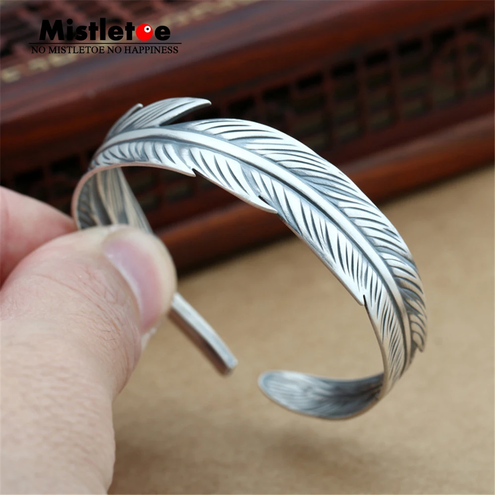 

Authentic 999 Sterling Silver Vintage Indian Eagle Feather Open Adjustable Bangle Bracelet Jewelry For Women
