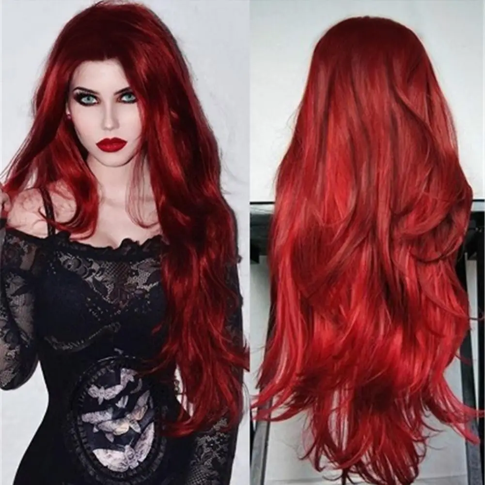 

High Temperature Fiber Wine Red Central Parting Long Curly Wig Women Hairpiece silky