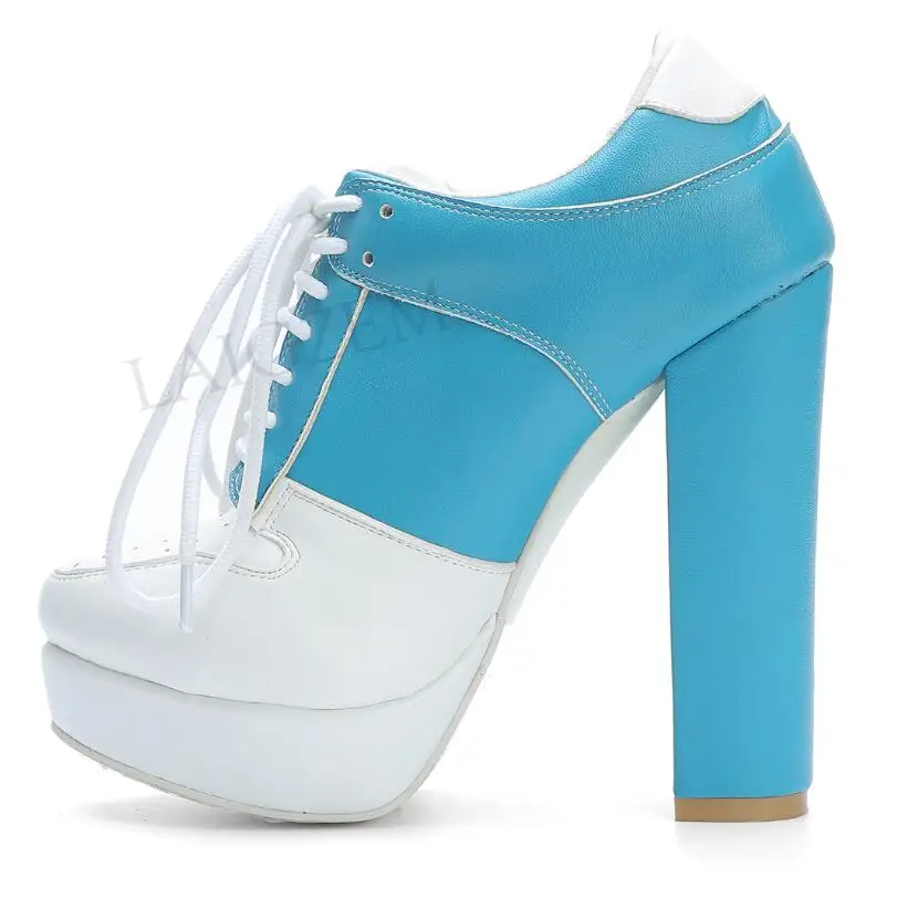 LAIGZEM/очень красивые женские ботильоны ботинки на толстом каблуке со шнуровкой Женская обувь г. Большие размеры 34-47 - Цвет: LGZ670 Blue