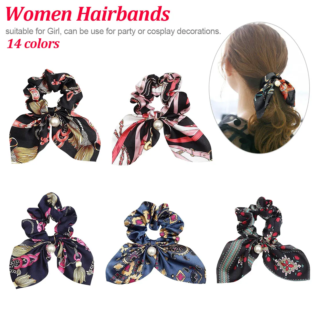 

Vintage Floral Bowknot Korean Style Silk Scrunchies Hair Ties with Pearls Headband Multi color Hair Accessories