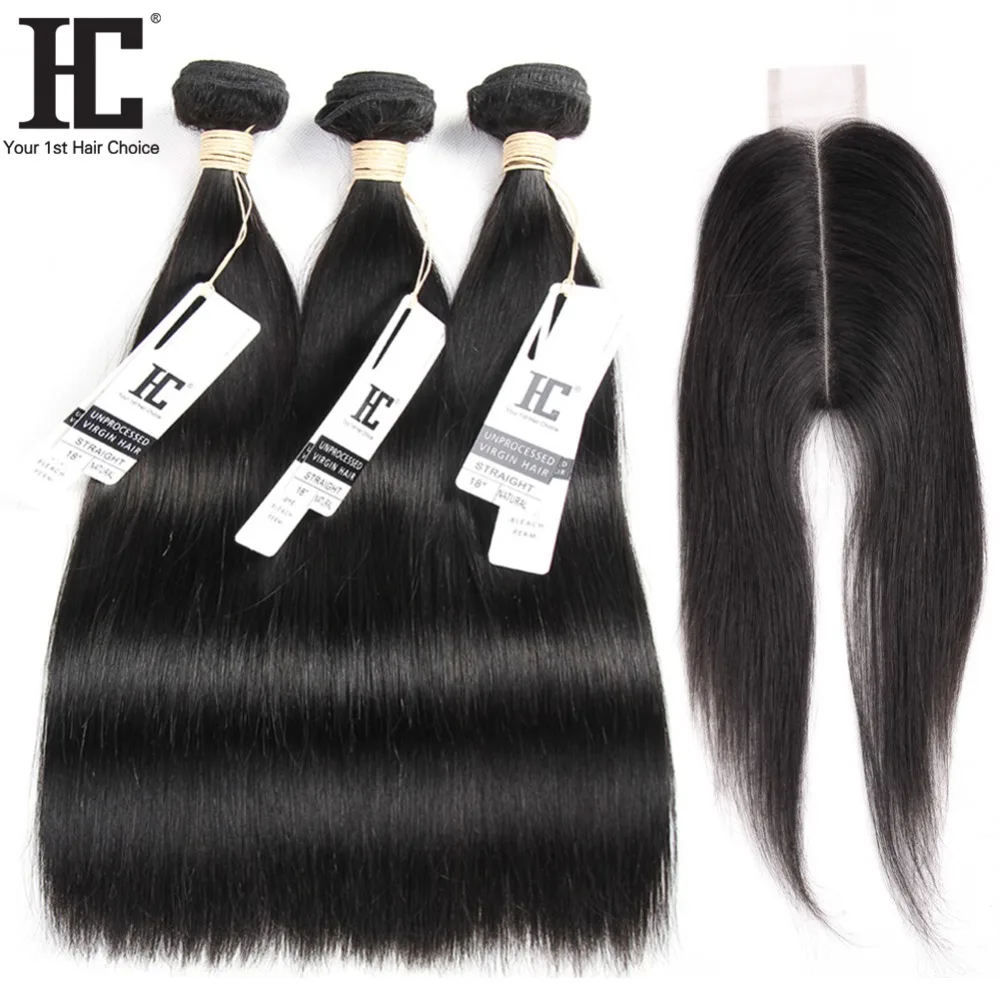 HC Brazilian Straight Hair 3 Bundles With Closure 2x6 Natural Color Non Remy Human Hair Weave Bundles With Lace Closure Dyeable