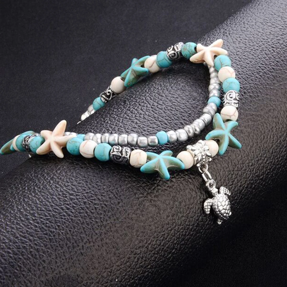 Retro Ethnic Style Sliver Plated Ankle Bracelet Starfish Beads Sea Turtle Anklet Vintage Charms Jewelry Birthday Gifts For Women