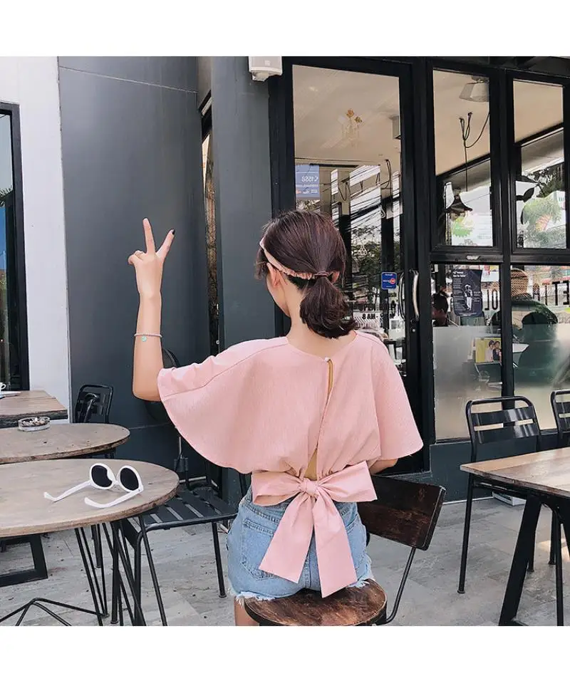 2018 summer women short flare sleeve short top sexy wrap v neck blouse female vacation lace up bow tie crop shirt top