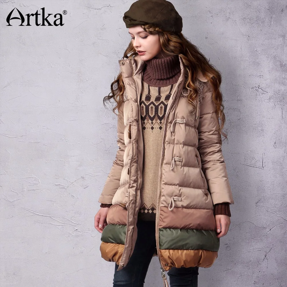 Artka женская ретро зимняя одежда со шляпой с длинными рукавами 90% утиный пух высококачественный элегантный удобный длиный пуховик YK12348D