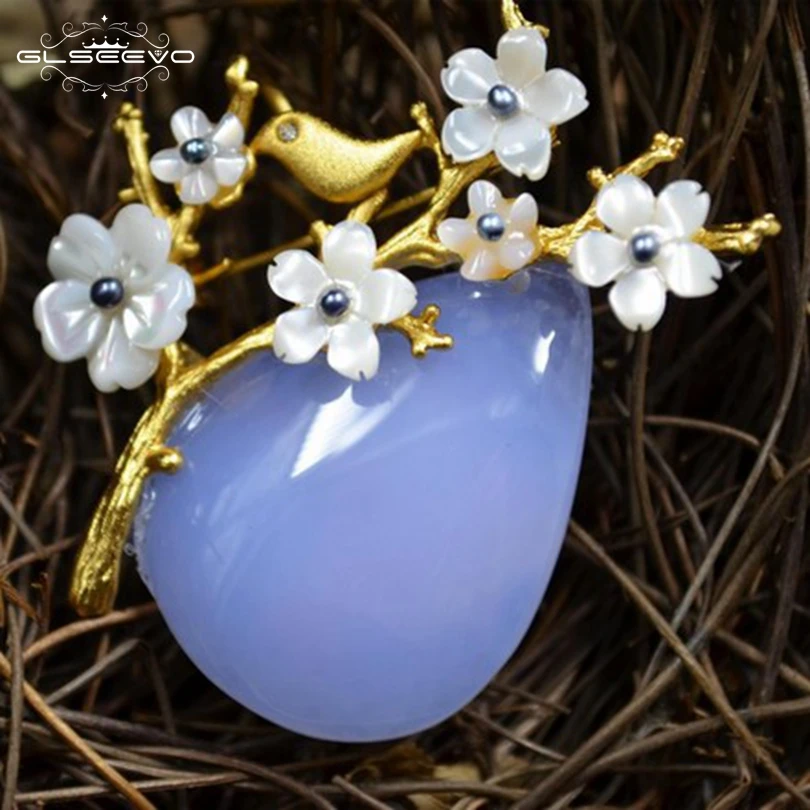

GLSEEVO Natural Mother Of Pearl Flower Brooch Pins Blue Agate Brooches Femme Bijoux Dual Use Luxury Jewelry For Women GO0088