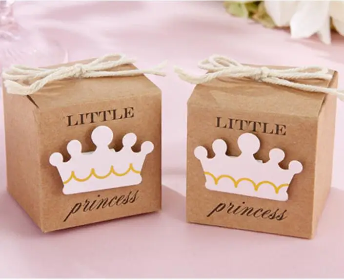 

Little Prince Princess Brown Kraft Paper Gift Box Baby Shower Birthday Party Favors Candy Boxes with Crown and Twine