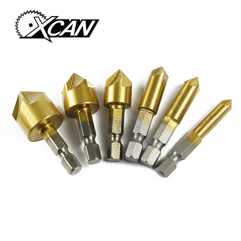 XCAN 6pcs 90degree 5 flute chamfer tianuim coating Countersink Drill Bit 1/4 Hex Shank Drill Press Countersink Boring Bit XCAN 6pcs 90degree 5 flute chamfer tianuim coating Countersink Drill Bit 1/4 Hex Shank Drill Press Countersink Boring Bit