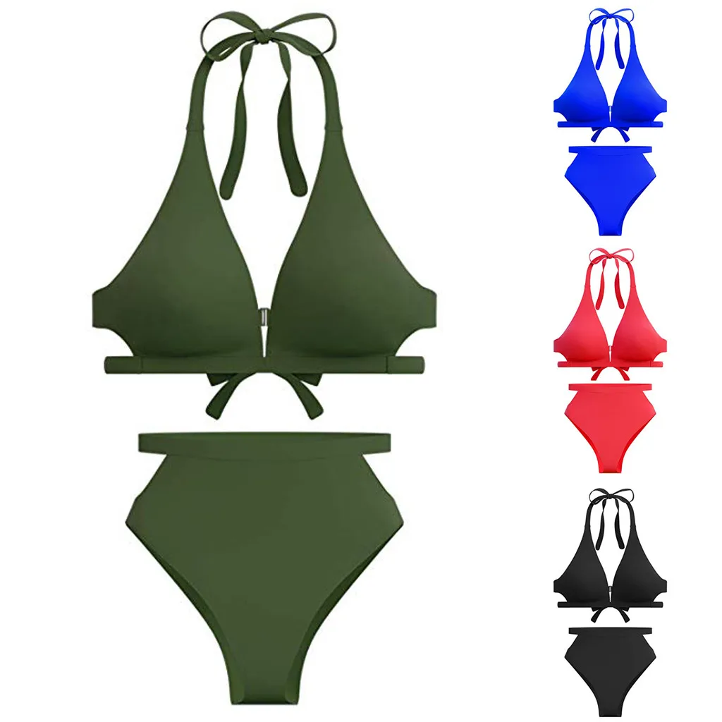 

Women High Waisted Swimsuits Bikini High Rise Cutout Bottom V Neck Top Bikini