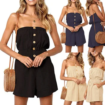 

Women Summer Off Shoulder Jumpsuit Strapless Solid Color Button Down Elastic Waist Short Jumpsuit European American sizes TC21