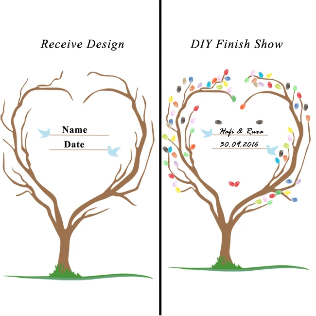 Холст свадебное дерево отпечаток пальцев Подпись гость книга свадебный подарок вечерние наборы; детский душ дерево с отпечатками пальцев+ 2 чернильницы - Цвет: HK021