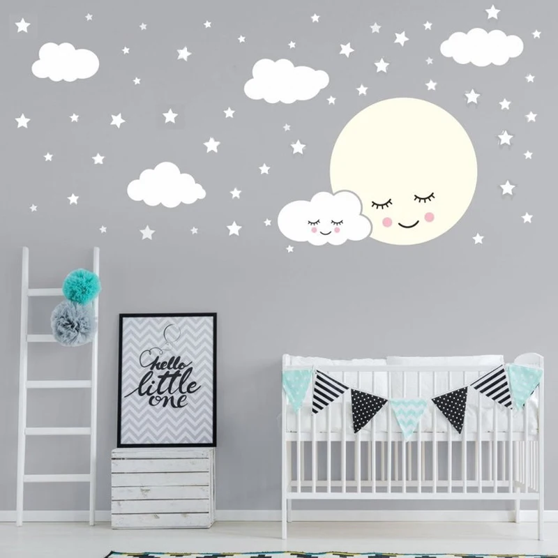 Виниловая наклейка на стену Full Moon With Cloud Stars для детской комнаты съемная Наклейка