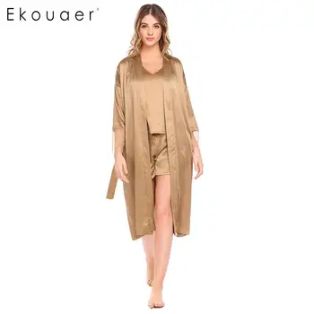 

Ekouaer Women Pajama Sets Lace Kimono Robe Bathrobes Cami Top Bottom Satin Pajamas Summer Nightwear Suit Female Casual Nighties