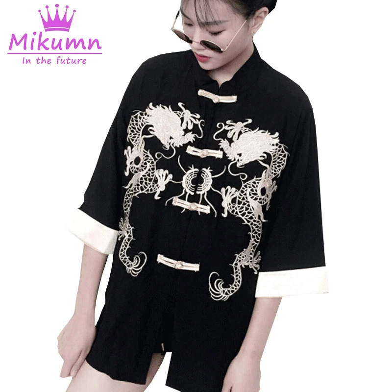

Chinese Style Blouse Harajuku Black White Vintage Dragon Embroidery Shirt Loose 3/4 Sleeve Women Stand Collar Casual Tops