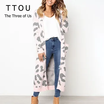 

TTOU Women leopard knitted long cardigan long sleeve sweater overcoat for female women autumn outwear coats cardigan feminino