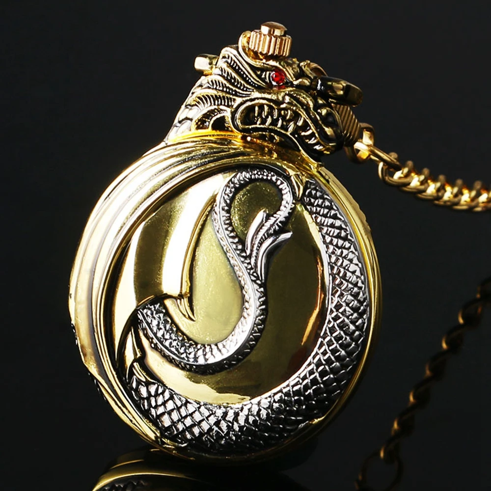 Luxury Evil Dragon Pocket Watch Red Garnet Inset Pendant Quartz Clock Gold Tone Case Black Dial Big Red Crystal New Relogio (11)