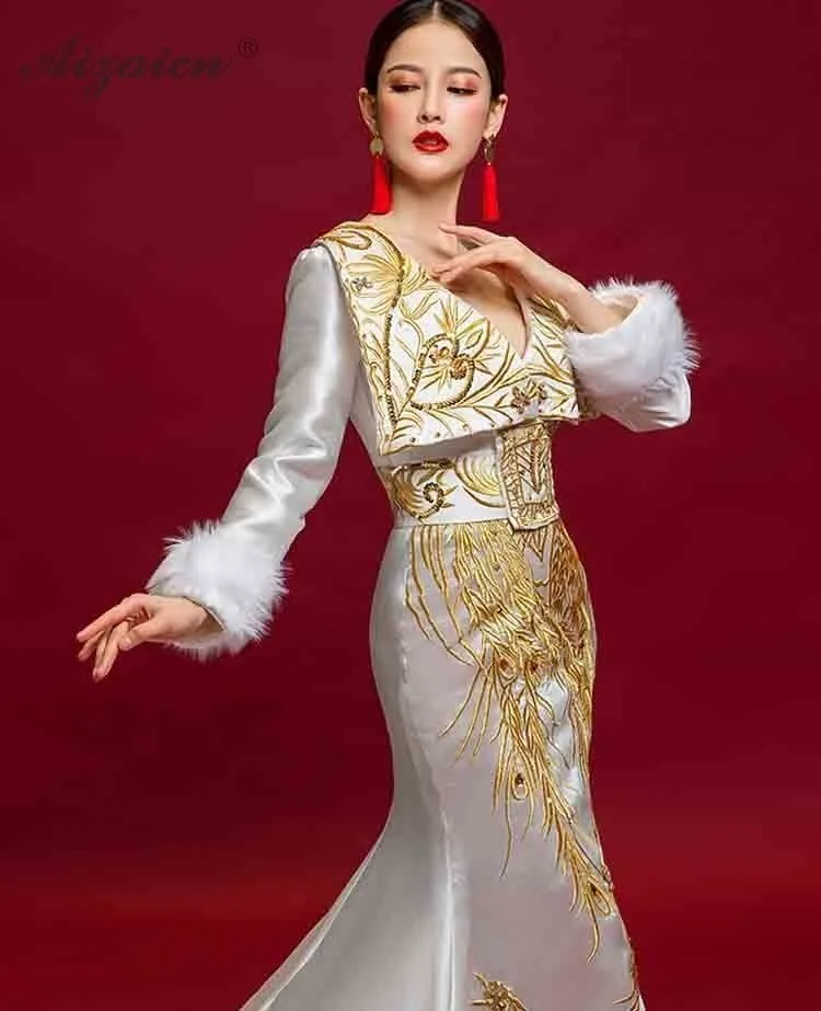 Для женщин Китайский вечернее платье Чонсам современный Восточный Стиль задней моды показать платье Хост платья Белый Женская Роба в восточном стиле Femme