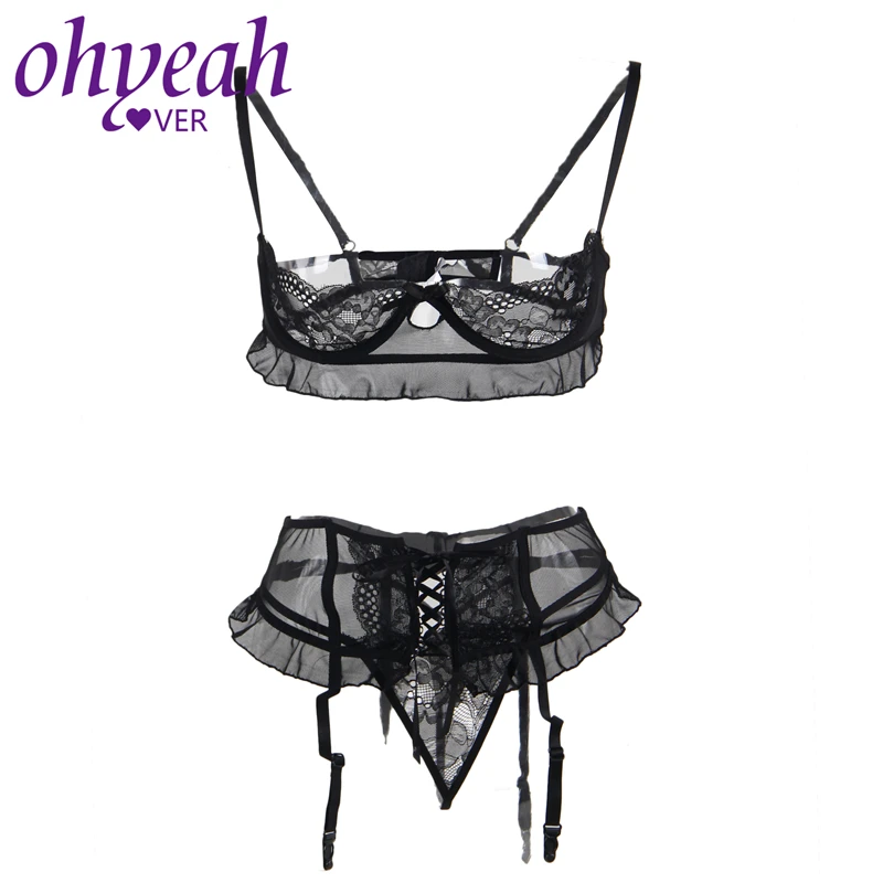 Ohyeahlover Lingerie Sets 2018 Women Black Lace 3 Piece Open Bust Bra Set RM80512 Big Size Women Panties Lenceria Para Mujer