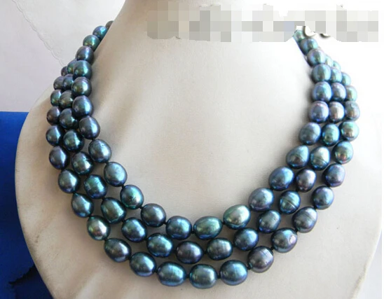 

Free shipping@@@@@ A>3Strands 17'' 10MMX13MM Black Rice Freshwater Pearl Necklace a