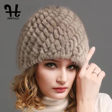 FURTALK Женщины Роскошные вязать норки меховая шапка зимняя меховая шапка Русские Женщины Натуральный Мех Зимняя шапка Ш