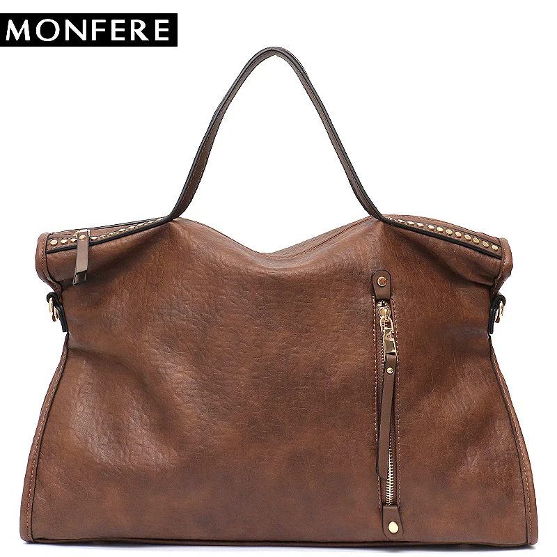 

SC Large Women Tote Shoulder Bag Fashion Girl Top-Handle Zip Rivets Big Handbag Female Casual Vegan Leather Messenger Bags