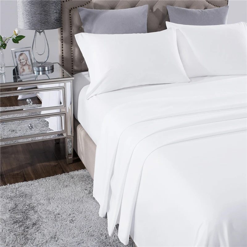 

PHF White Home Hotel Bed Sheet Set 4pcs Polyester Bedding Set Luxury Flat Sheet+Fitted Sheet+2 Pillowcase Queen Size Bed Line