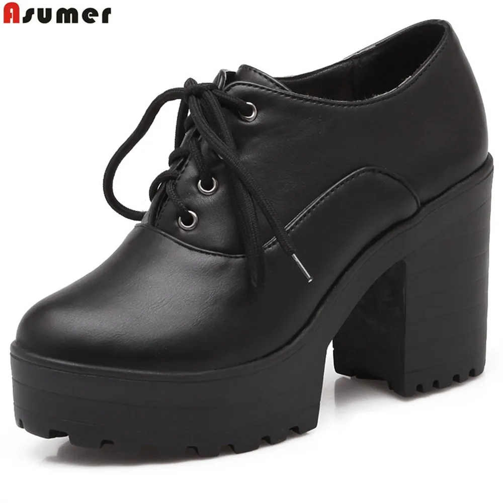 Asumer/Большие размеры 34-43; Новые Демисезонные женские туфли-лодочки с круглым носком; женские туфли на платформе и квадратном каблуке со шнуровкой; обувь на очень высоком каблуке