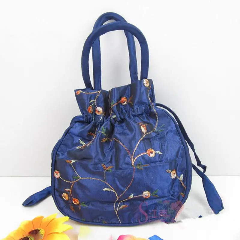 New Navy Blue Embroidered Flower Silk Satin Purse Jewelry Bag Gift