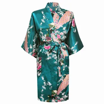 

Dark green Fashion Women's Peacock Kimono Bath Robe Nightgown Gown Yukata Bathrobe Sleepwear With Belt S M L XL XXL XXXL KQ-11
