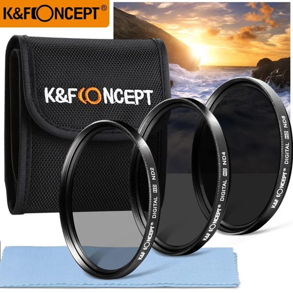 

K&F CONCEPT Neutral Density Lens Filter Kit 52/55/58/62/67/72/77mm ND2+ND4+ND8+Bag+Clean Cloth For Nikon Canon Sony Sigma DSLR