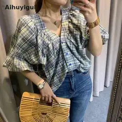 Aihuyigui/2019 Новое поступление, летняя рубашка в клетку с двумя боковыми рукавами, свободный с короткими рукавами, Тонкая Блузка Mujer Ru100