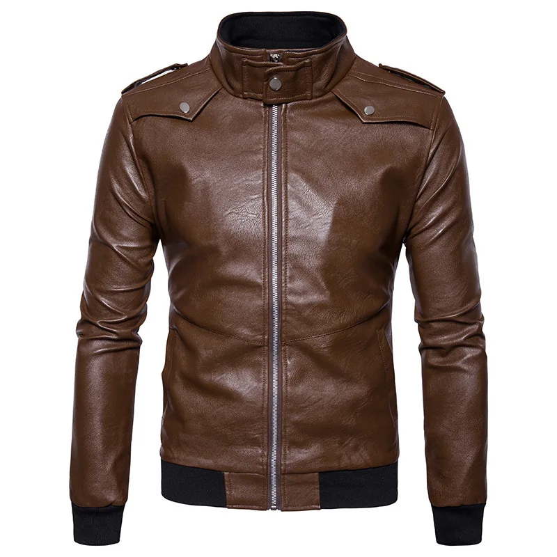 

2018 New Men's Fashion Solid Color Wild Simple Korean Badges Decorated Men's Casual Leather Jacket