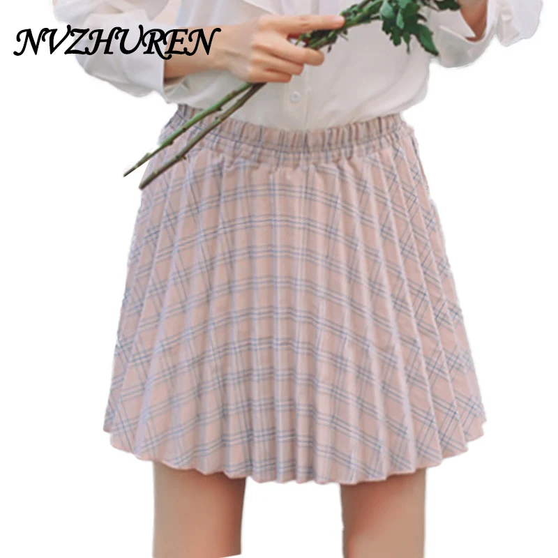 NVZHUREN Preppy Style Pleated Skirt For Woman Elastic Waist Plaid Skirt