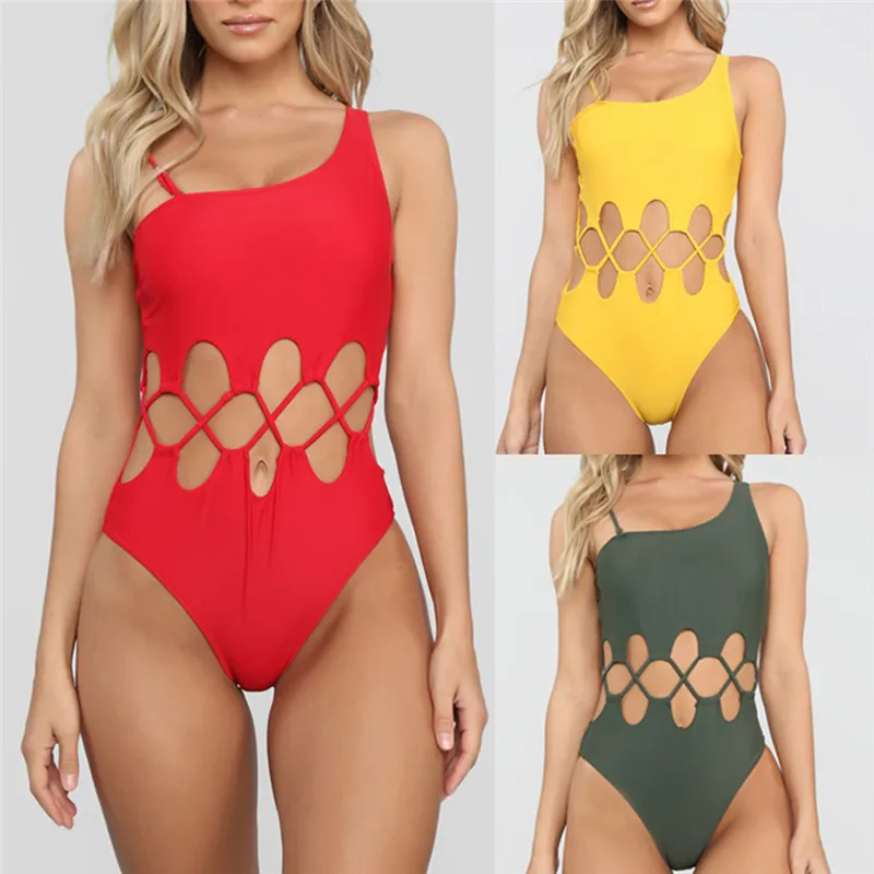 

Halter Plunge One Piece Swimsuit Woman Solid Yellow Green Red Bodysuit Mesh Hollow Out Swimwear Beach High Cut Bathing Suit Lady