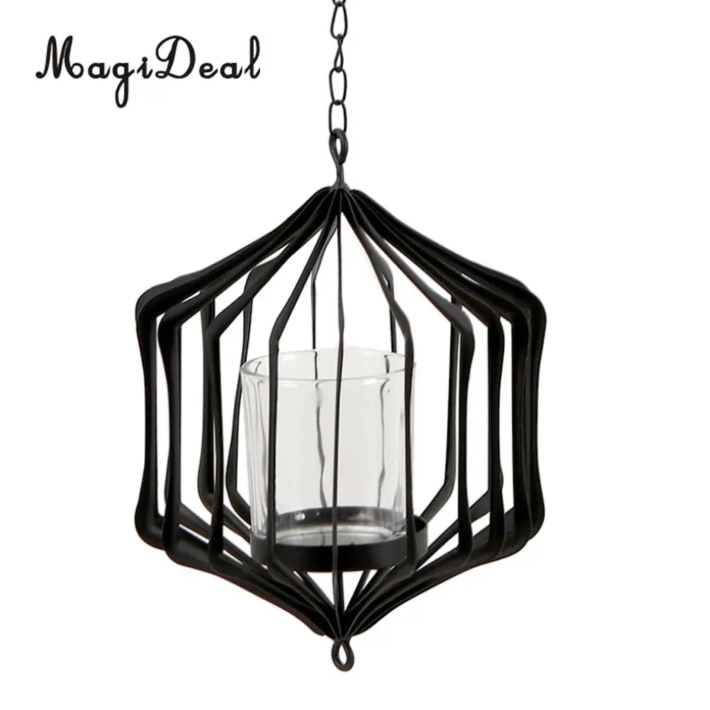 MagiDeal Wire Hanging Chain Hollow Vintage Geometric Tealight Candle Holder Mood Light Candleholder Candlestick Lantern Case