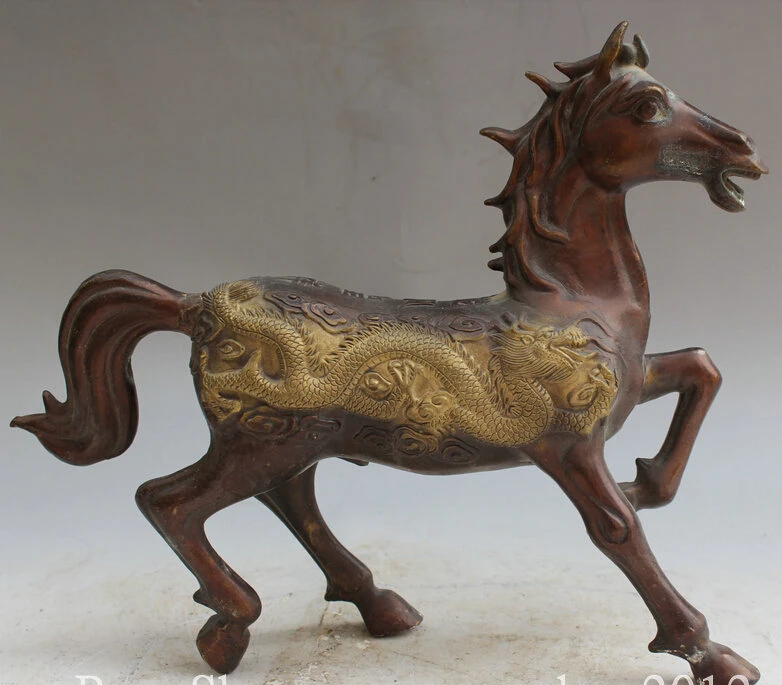 

12" Old Chinese Folk Bronze Gild Zodiac Year Running Horse Dragon Phoenix Statue D0317