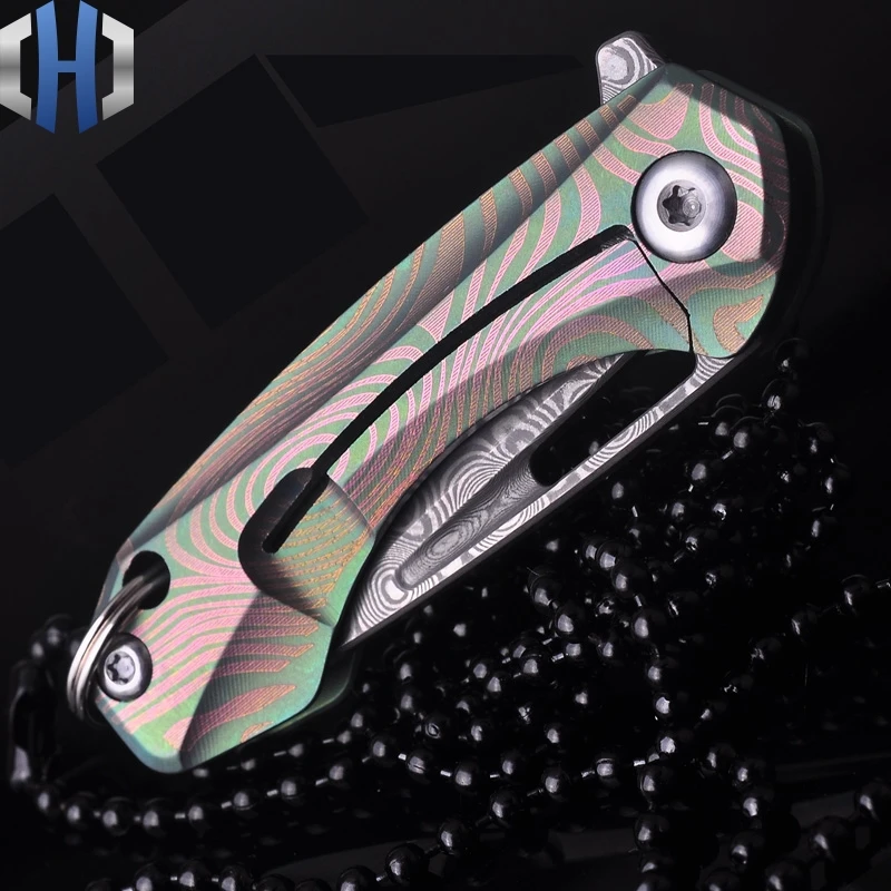 Mini Folding Paper Out Of The Box Folding Knife Pocket Carry EDC Key Ring Necklace TC4 Titanium Damascus Blade