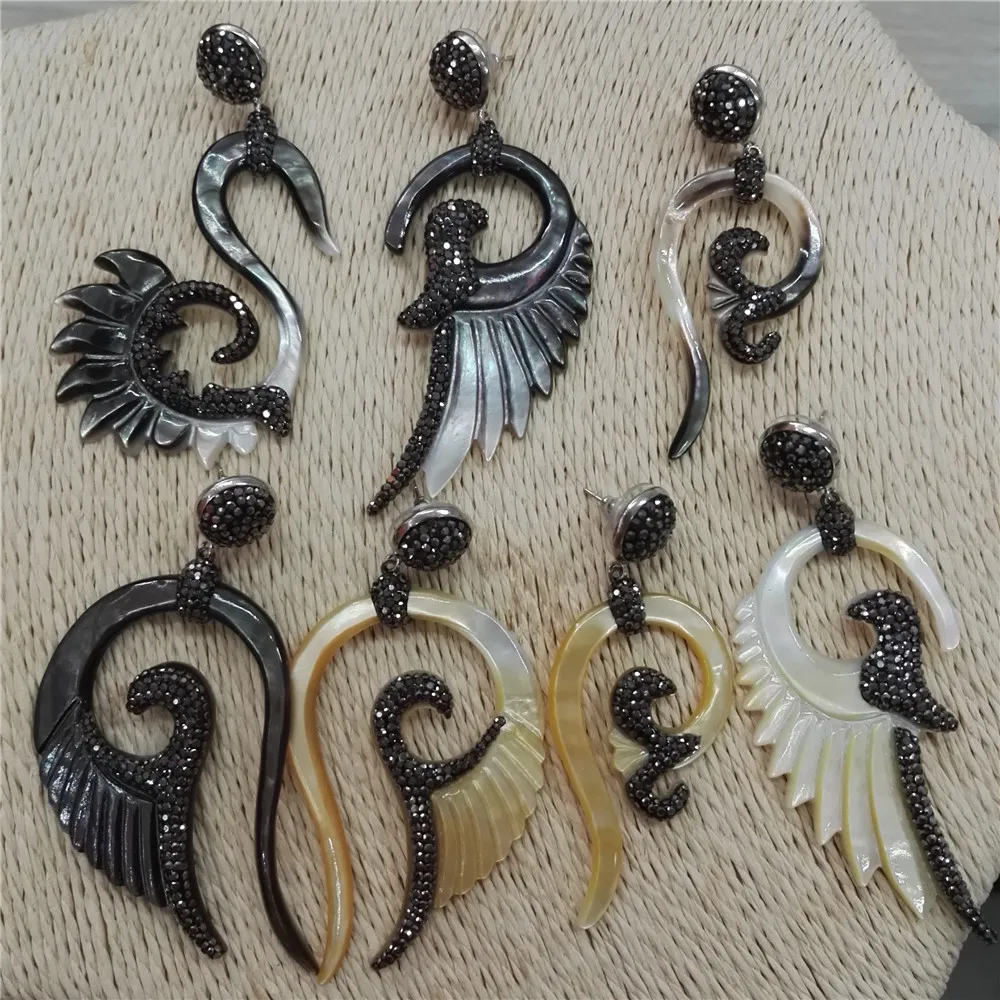 

new natural black white yellow caving bird angel wings shell pave rhinestone beads charm connectors dangle earrings for women