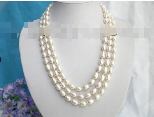 

Genuine 21" 3row baroque rice white freshwater pearls necklace j3005 ^^^@^Noble style Natural Fine jewe FREE SHIPPING