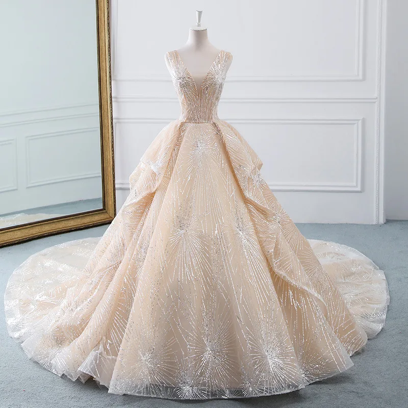Mrs Win свадебное платье с v-образным вырезом и коротким шлейфом, кружевное бальное платье, блестящее свадебное платье принцессы