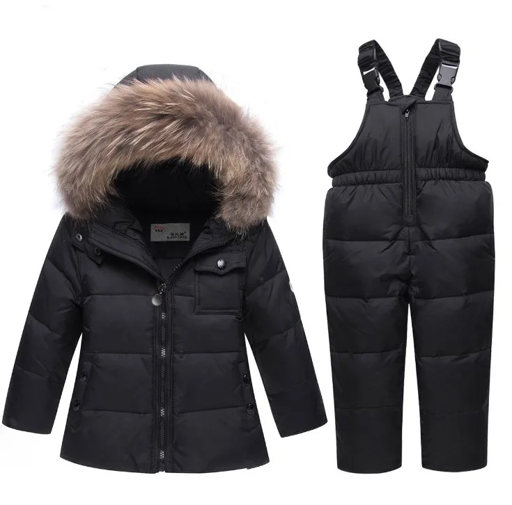 Новое пальто с меховым капюшоном для маленьких мальчиков и девочек, зимняя одежда, куртка+ комбинезон, комплекты одежды на утином пуху, для детей 2, 3, 4, 5 лет, для мальчиков и девочек