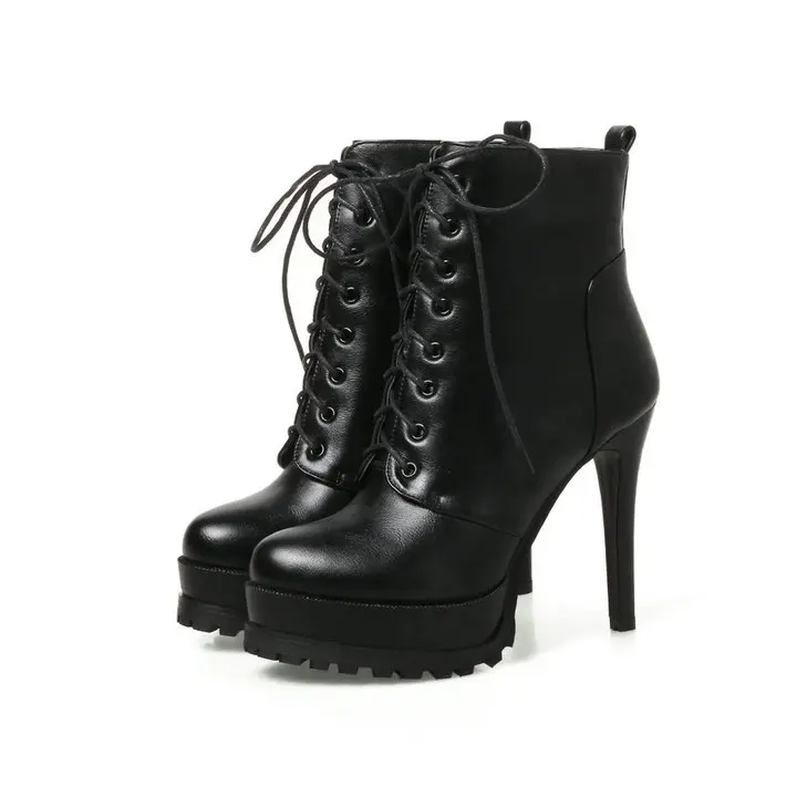 Женские ботильоны черного, красного, болотного цвета на платформе, ботинки на высоком каблуке, женские ботинки на шнуровке, осенне-зимняя обувь размера плюс
