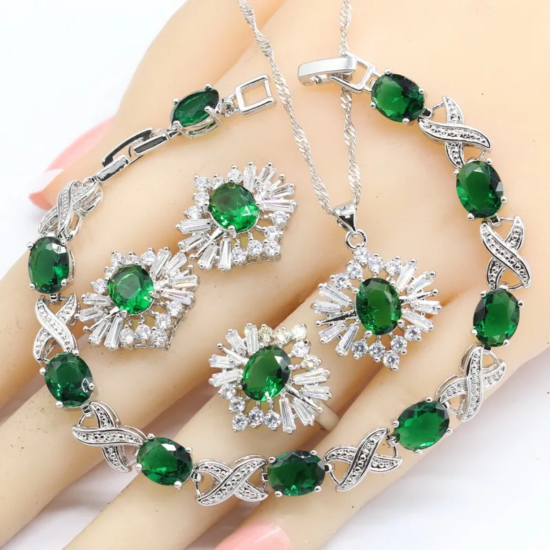 

Oval Green Semi-precious Women Jewelry Sets Silver Necklace Pendant Earrings Rings Adjustable Bracelets Birthday Gift