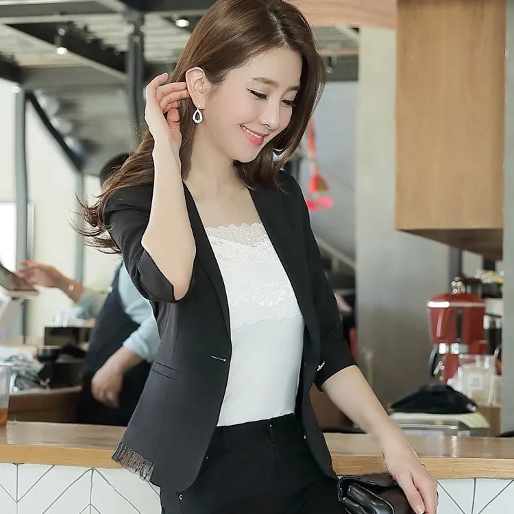 Woman 2018 Spring Summer 3 Quarter Sleeve Linen Suit Office Lady Jacket Patchwork Tassel Ol Blazer