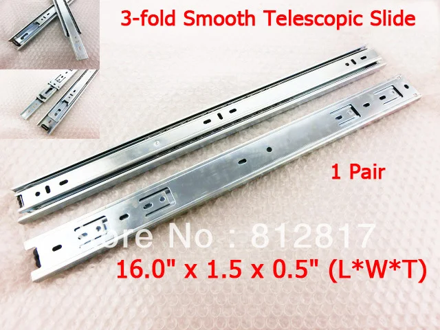 2 Pcs 16" Drawer Slides 3 fold Full Extension Side mount