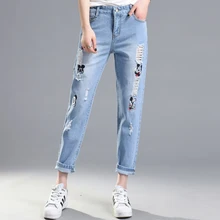 Apparel hole ripped jeans women pants Cool denim vintage straight jeans for girl Mid waist casual pants female