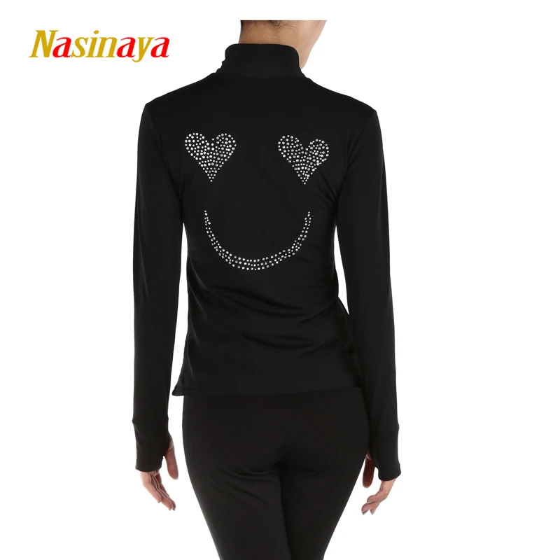 

customized clothes ice figure skating tops jacket gymnastics black smiling face warm fleece adult child girl clothing rhinestone