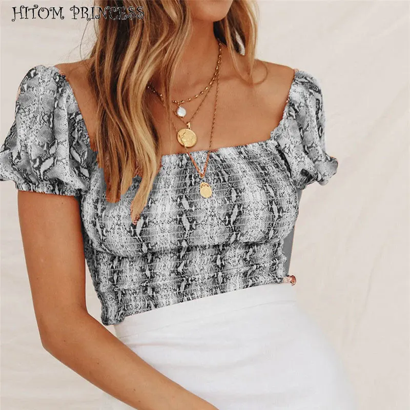 

HITOM PRINCESS Ruched Snake Print Blouse Women Short Sleeve Crop Top Streetwear Square Collar Blouse Female Shirts Party Tops